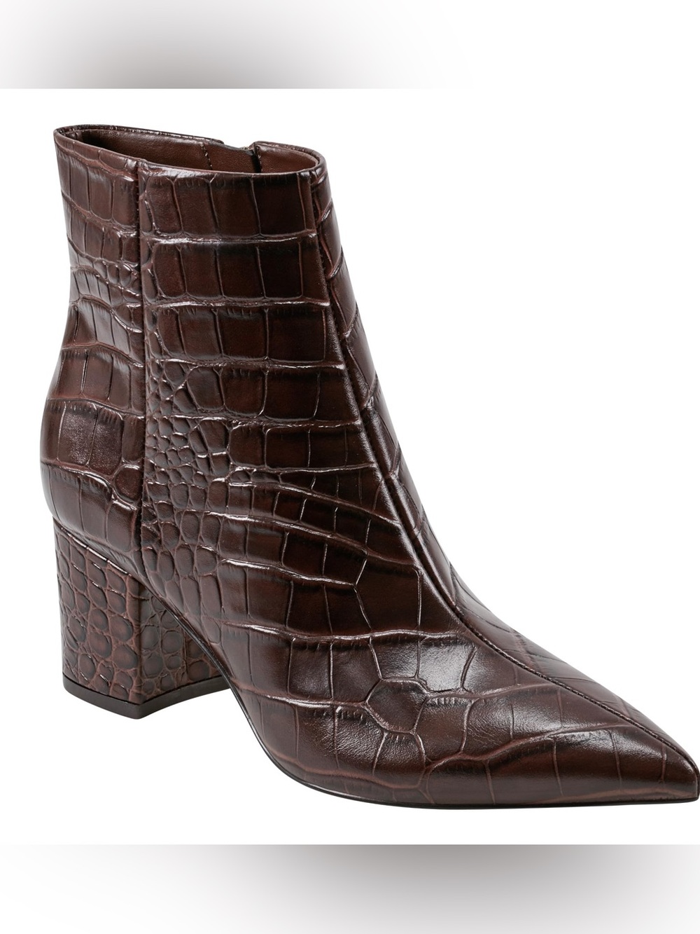 Marc Fisher Croc-Embossed Pointed Toe Ankle Boot - Dark Brown
